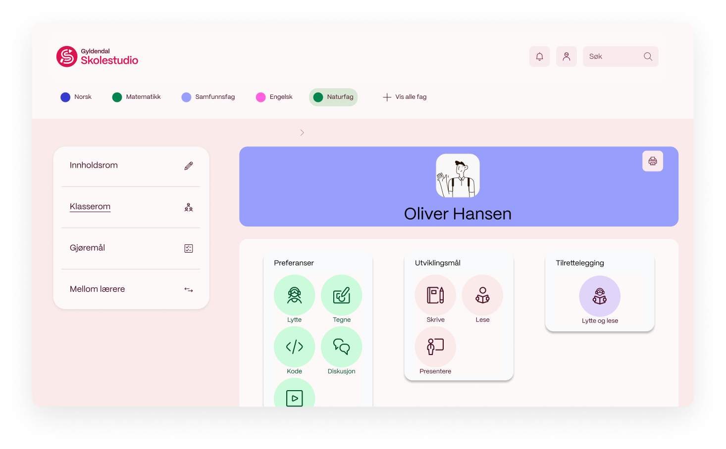 Skolestudio concept showing student overview for Oliver Hansen