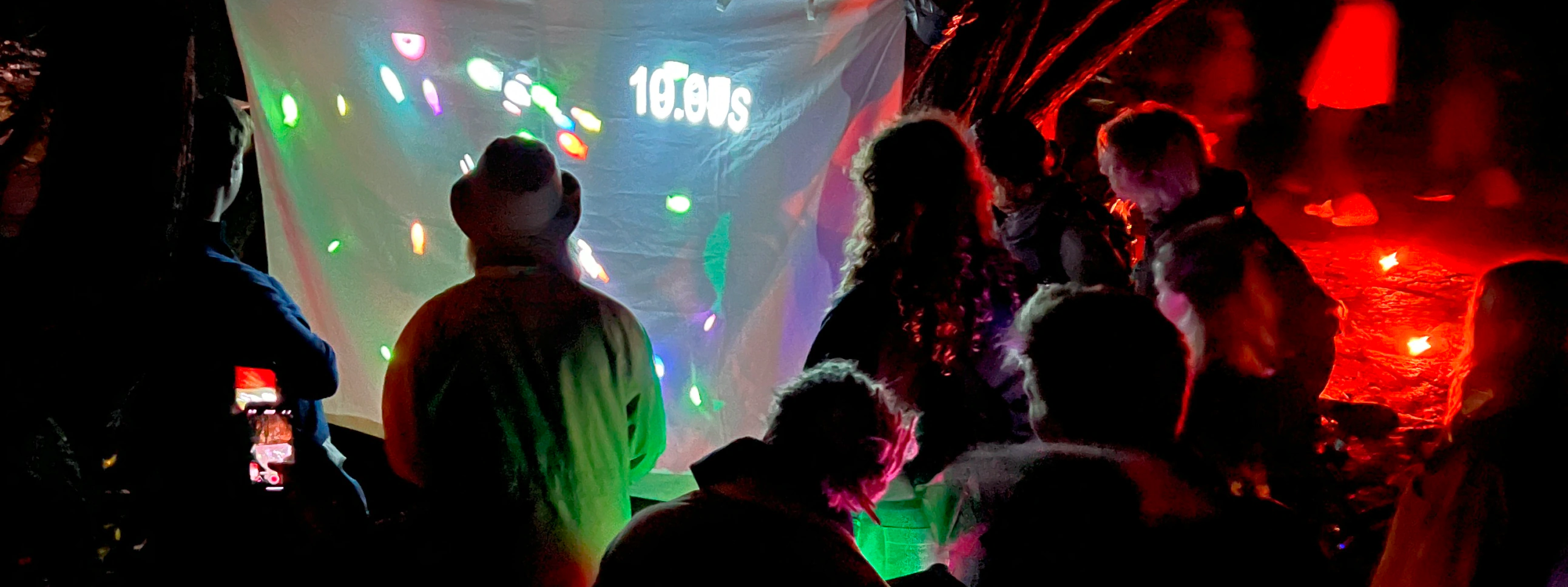 Audience watching a colourful fish game projected onto a screen during Elvelangs