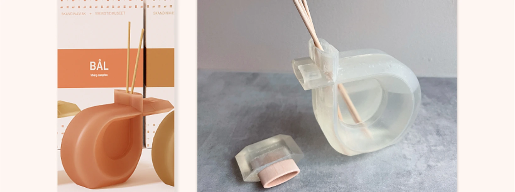 Ferdig Bål-duftdiffuser med emballasje og en transparent fysisk prototype