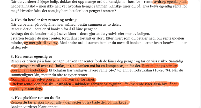 Dokument om renter med markerte passasjer