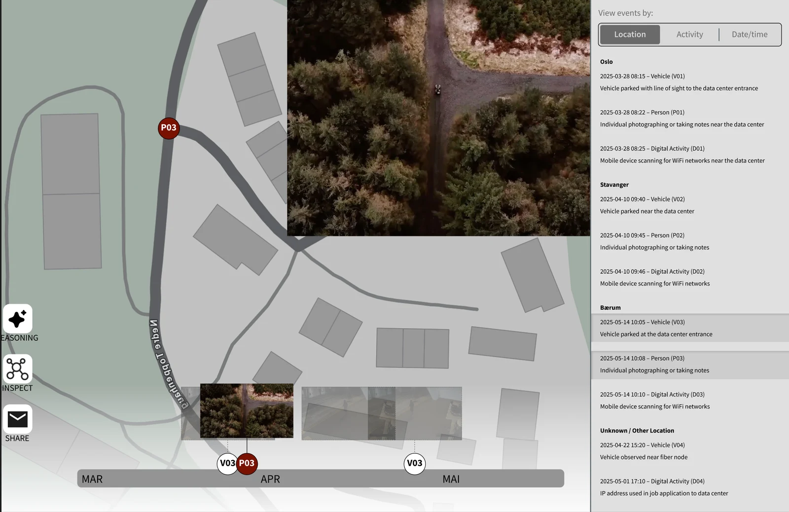 Kart og tidslinje for observasjoner